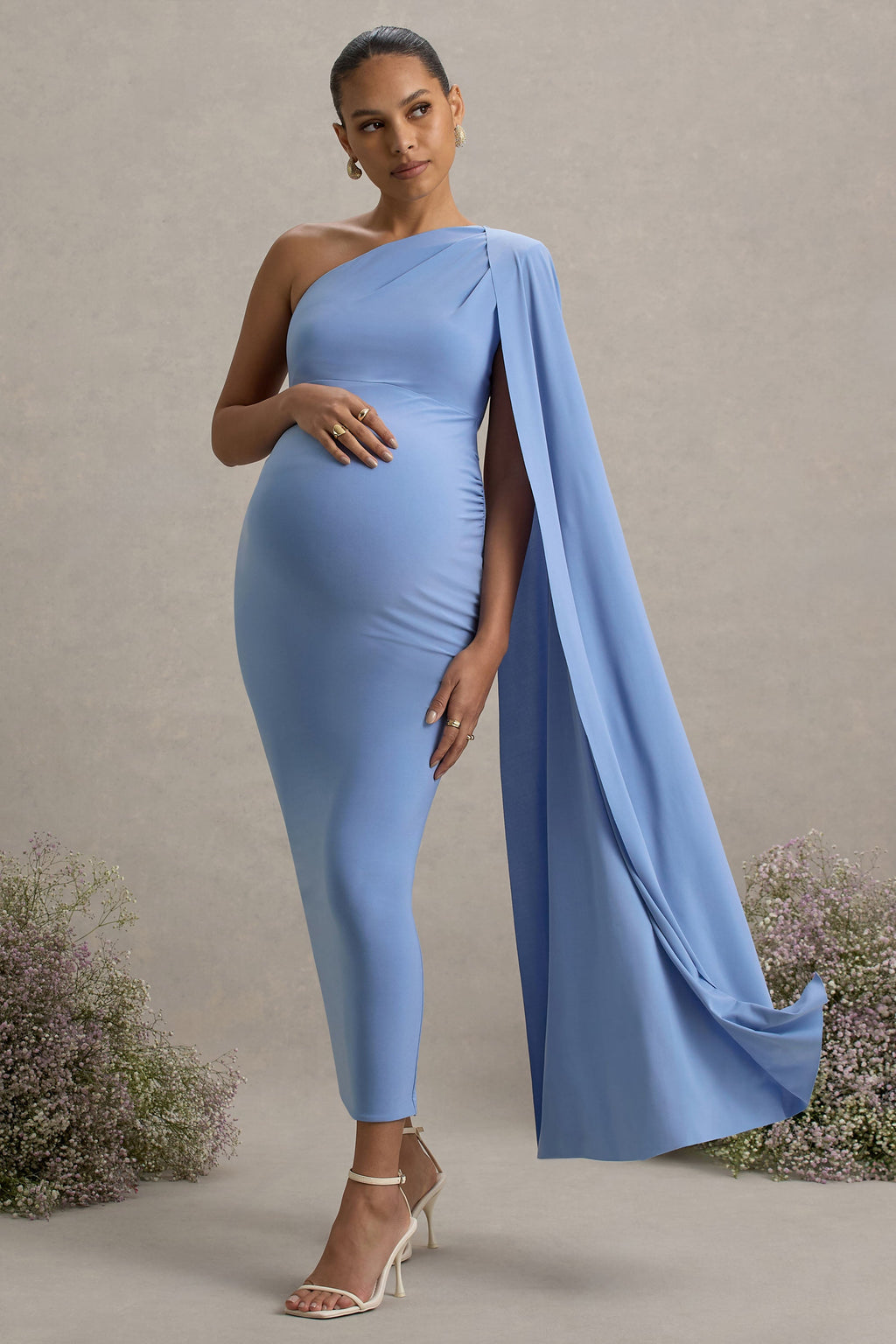 Amaryllis Powder Blue Maternity One Shoulder Maxi Dress with Cape Sleeve – back view