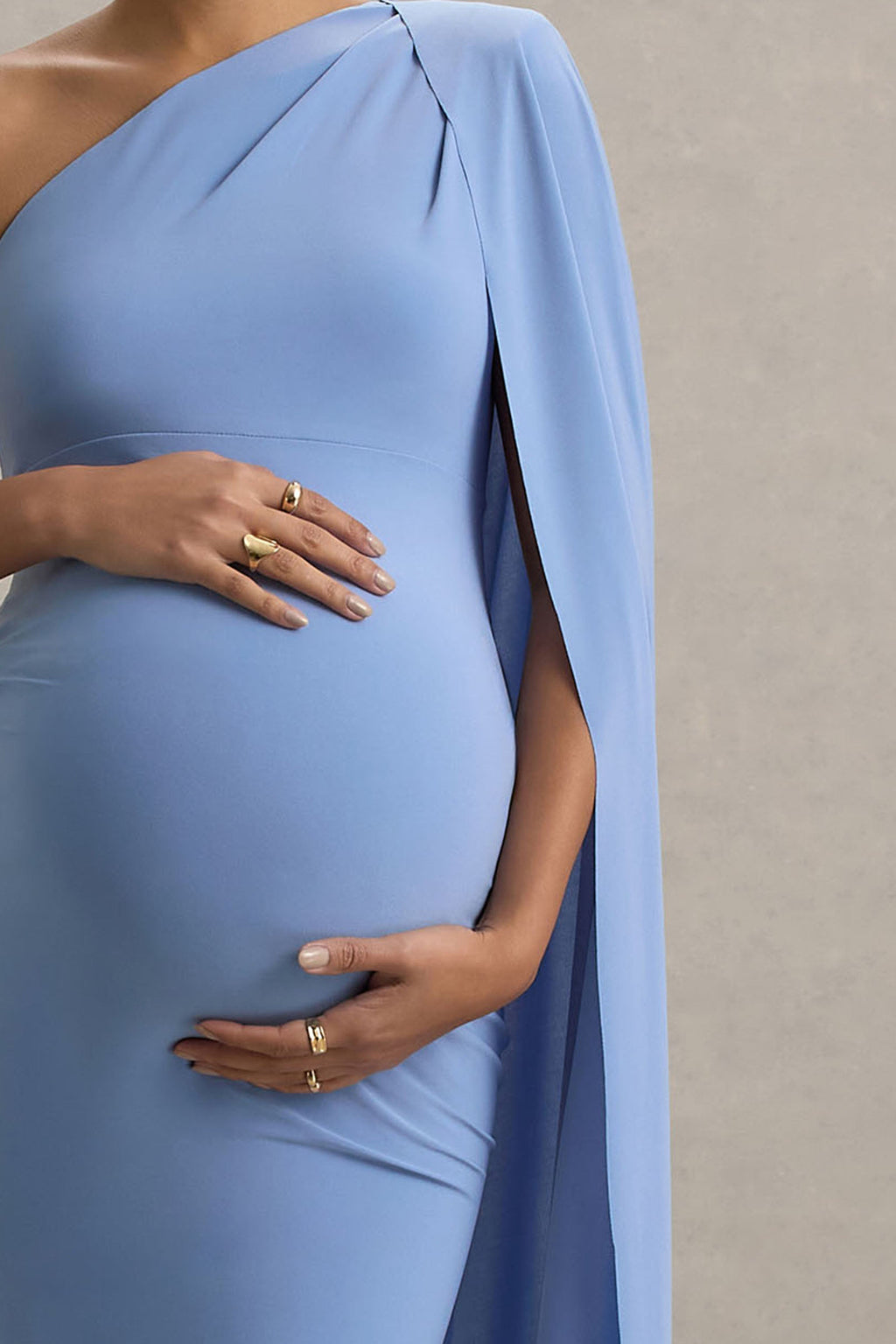 Amaryllis Powder Blue Maternity One Shoulder Maxi Dress with Cape Sleeve – second lifestyle photo