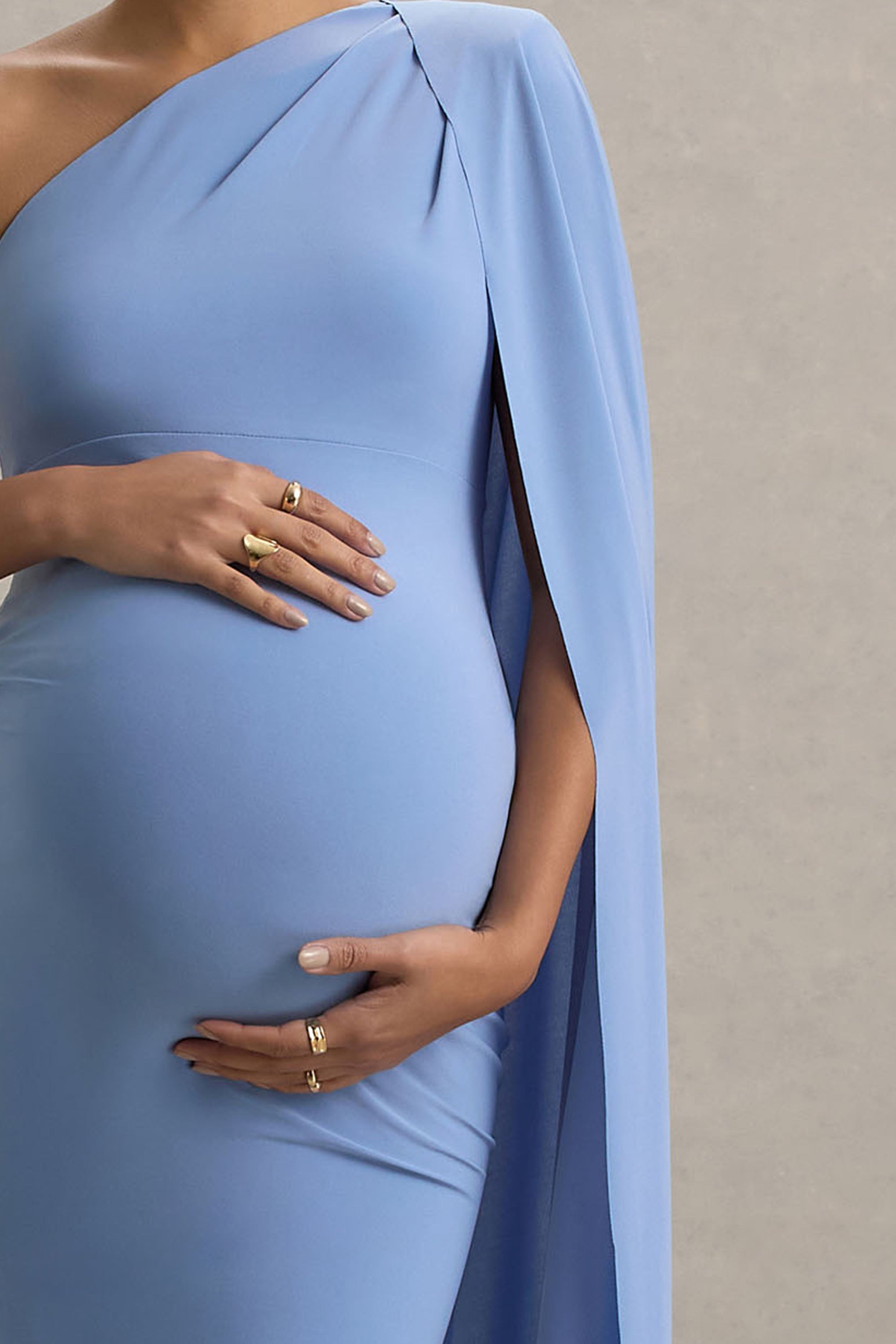 Amaryllis Powder Blue Maternity One Shoulder Maxi Dress with Cape Sleeve – second lifestyle photo