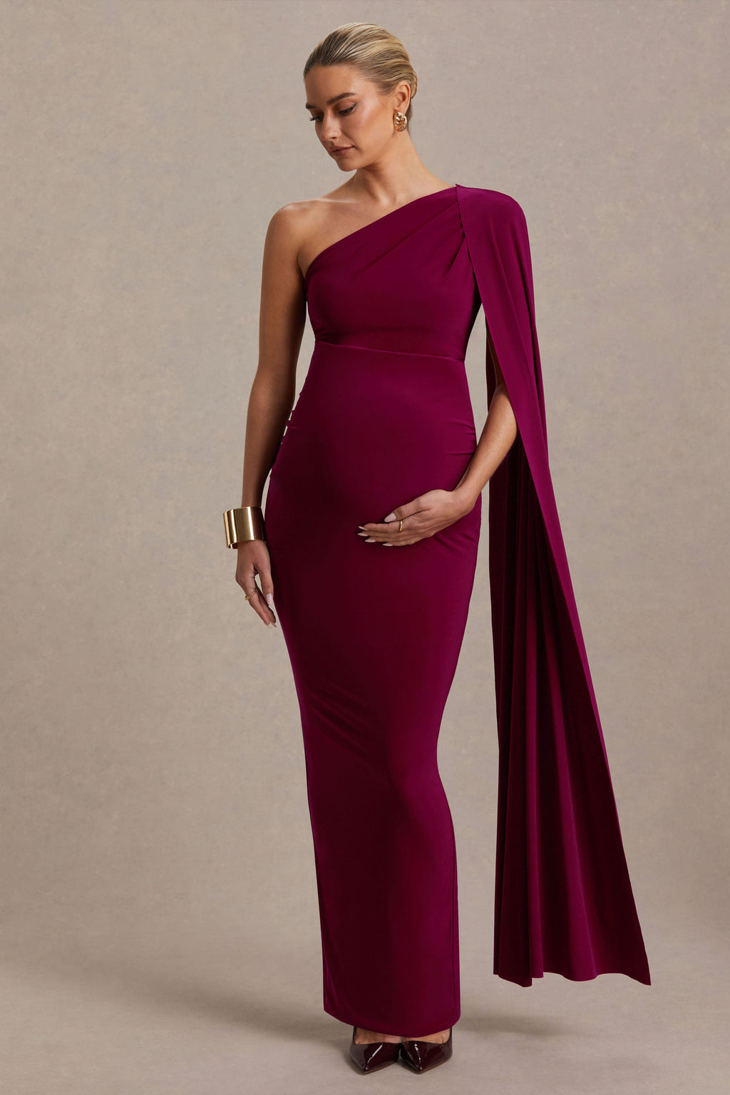 Amaryllis Berry Maternity One Shoulder Maxi Dress with Cape Sleeve – front view