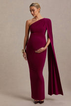 Amaryllis Berry Maternity One Shoulder Maxi Dress with Cape Sleeve – front view