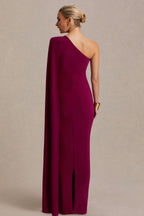 Amaryllis Berry Maternity One Shoulder Maxi Dress with Cape Sleeve – lifestyle photo