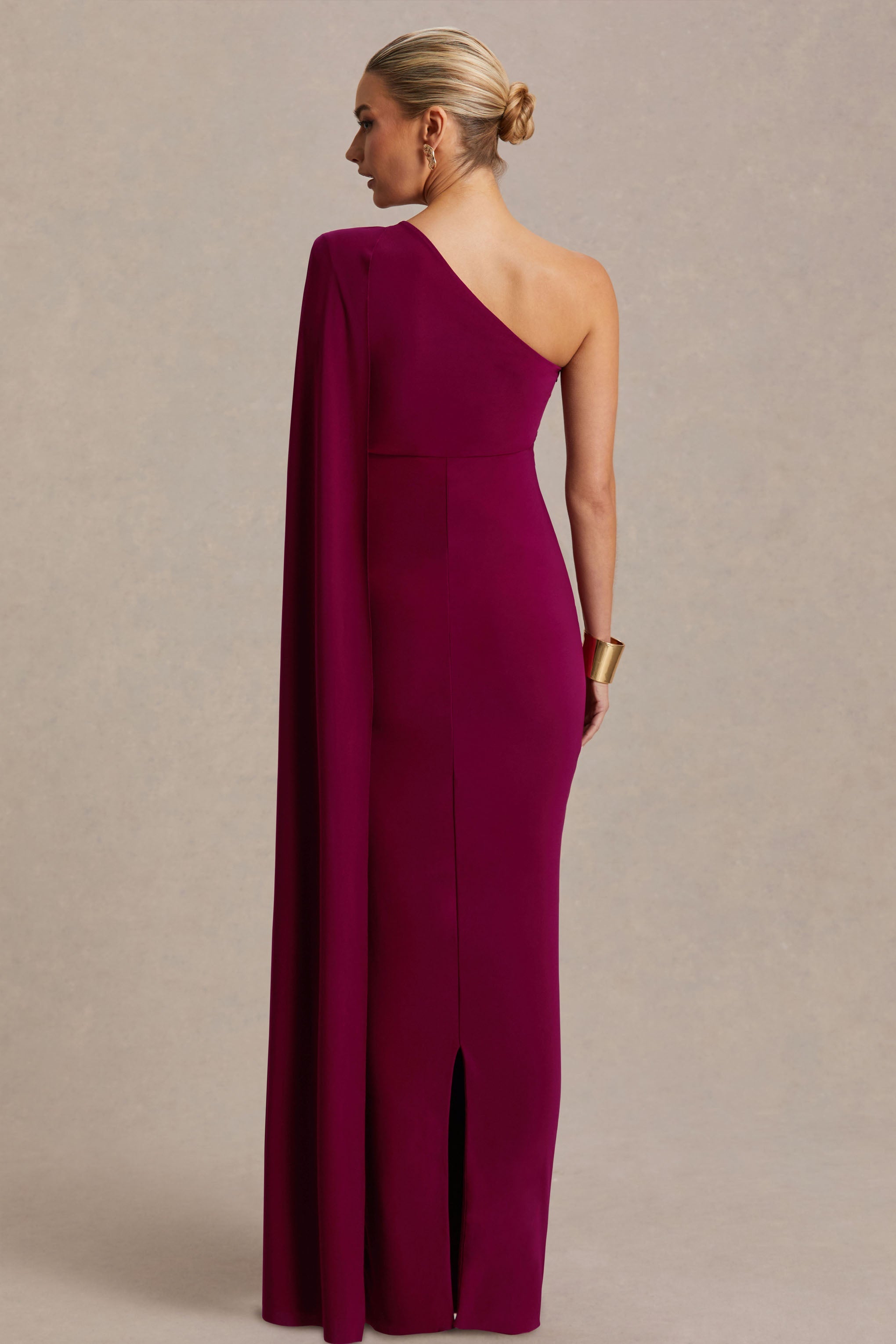 Amaryllis Berry Maternity One Shoulder Maxi Dress with Cape Sleeve – lifestyle photo