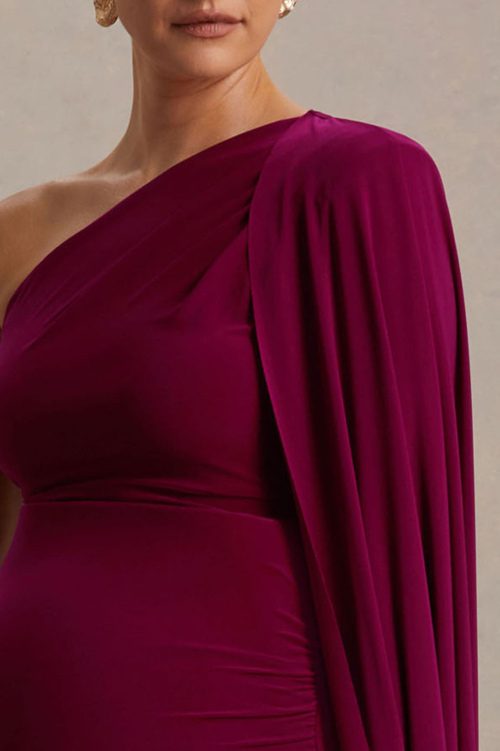 Amaryllis Berry Maternity One Shoulder Maxi Dress with Cape Sleeve – detail shot