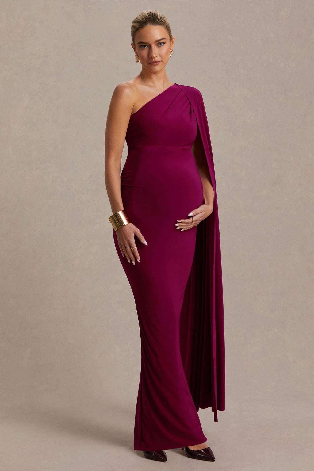 Amaryllis Berry Maternity One Shoulder Maxi Dress with Cape Sleeve – side view