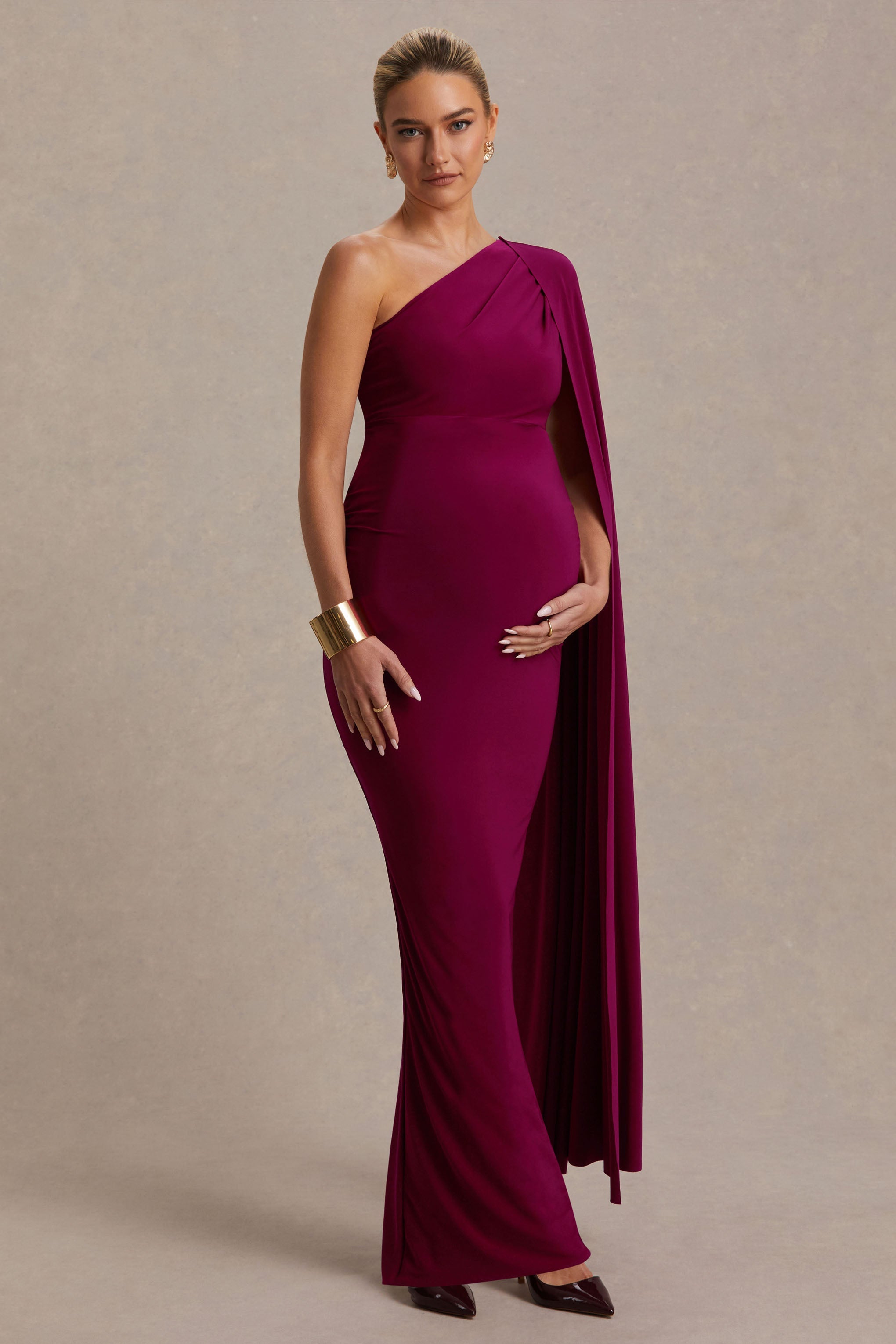 Amaryllis Berry Maternity One Shoulder Maxi Dress with Cape Sleeve – side view