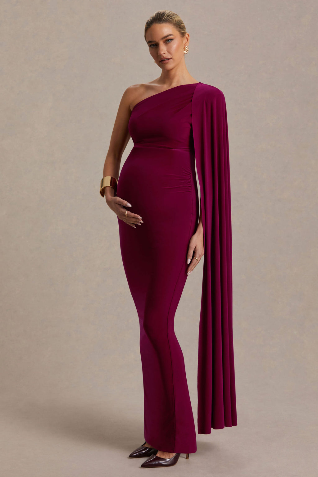 Amaryllis Berry Maternity One Shoulder Maxi Dress with Cape Sleeve – back view