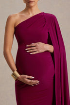 Amaryllis Berry Maternity One Shoulder Maxi Dress with Cape Sleeve – second lifestyle photo