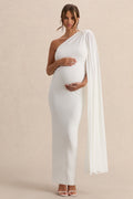 Amaryllis White Maternity One Shoulder Maxi Dress with Cape Sleeve – front view