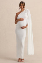 Amaryllis White Maternity One Shoulder Maxi Dress with Cape Sleeve – front view