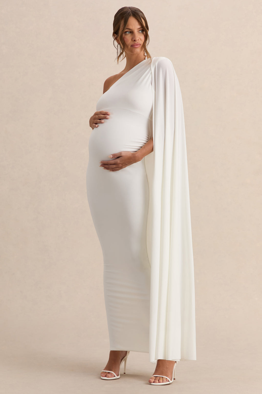 Amaryllis White Maternity One Shoulder Maxi Dress with Cape Sleeve – back view