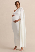 Amaryllis White Maternity One Shoulder Maxi Dress with Cape Sleeve – back view