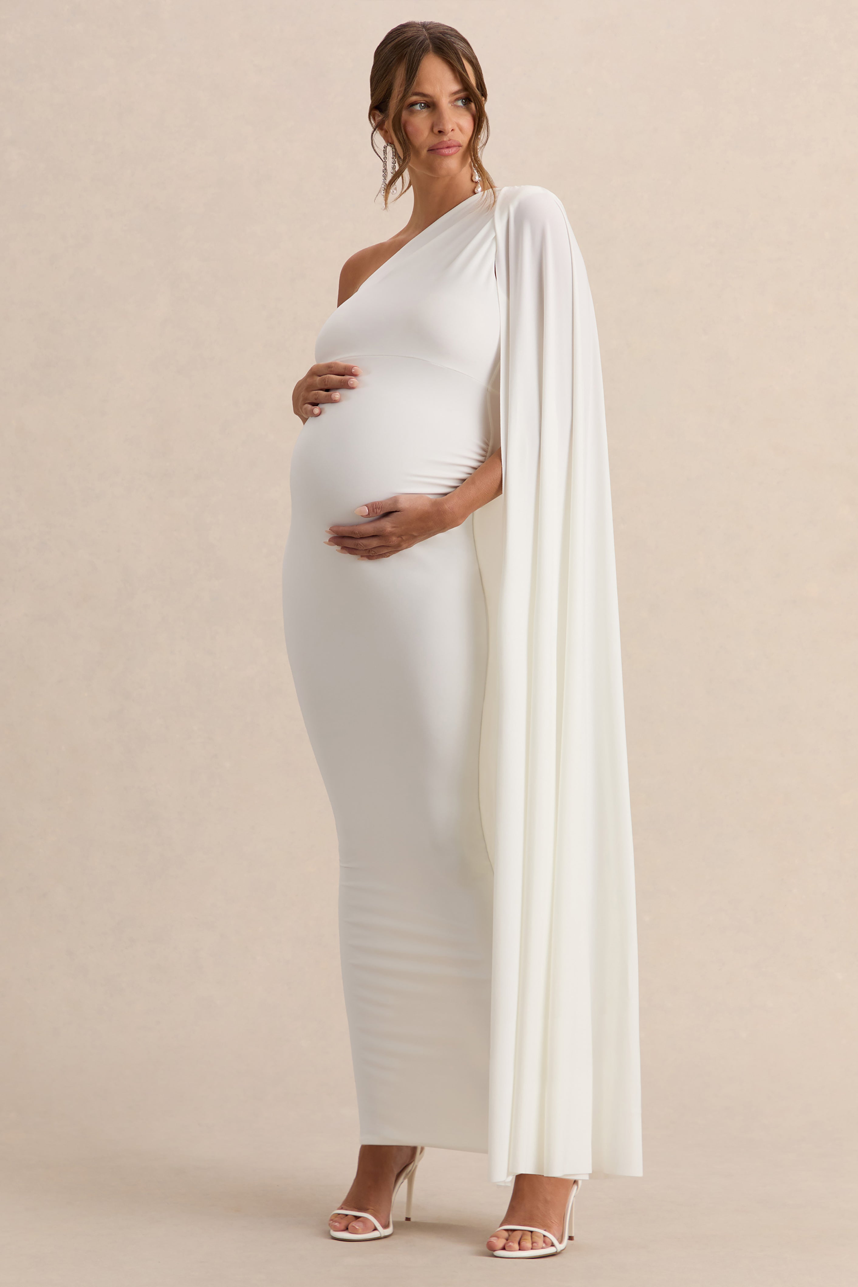 Amaryllis White Maternity One Shoulder Maxi Dress with Cape Sleeve – back view