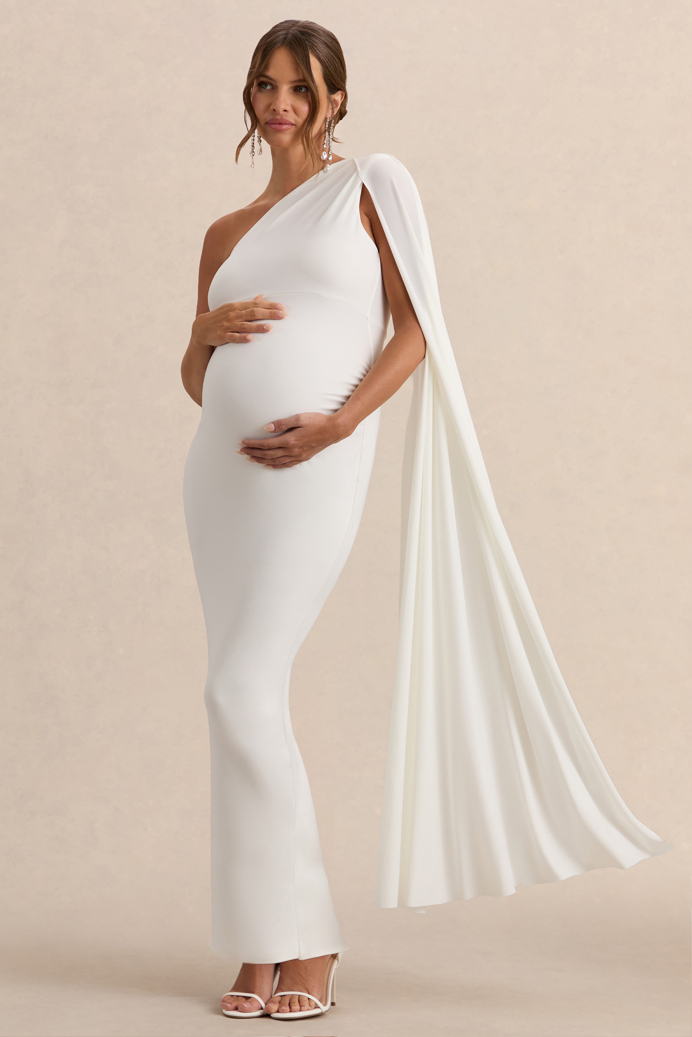 Amaryllis White Maternity One Shoulder Maxi Dress with Cape Sleeve – side view