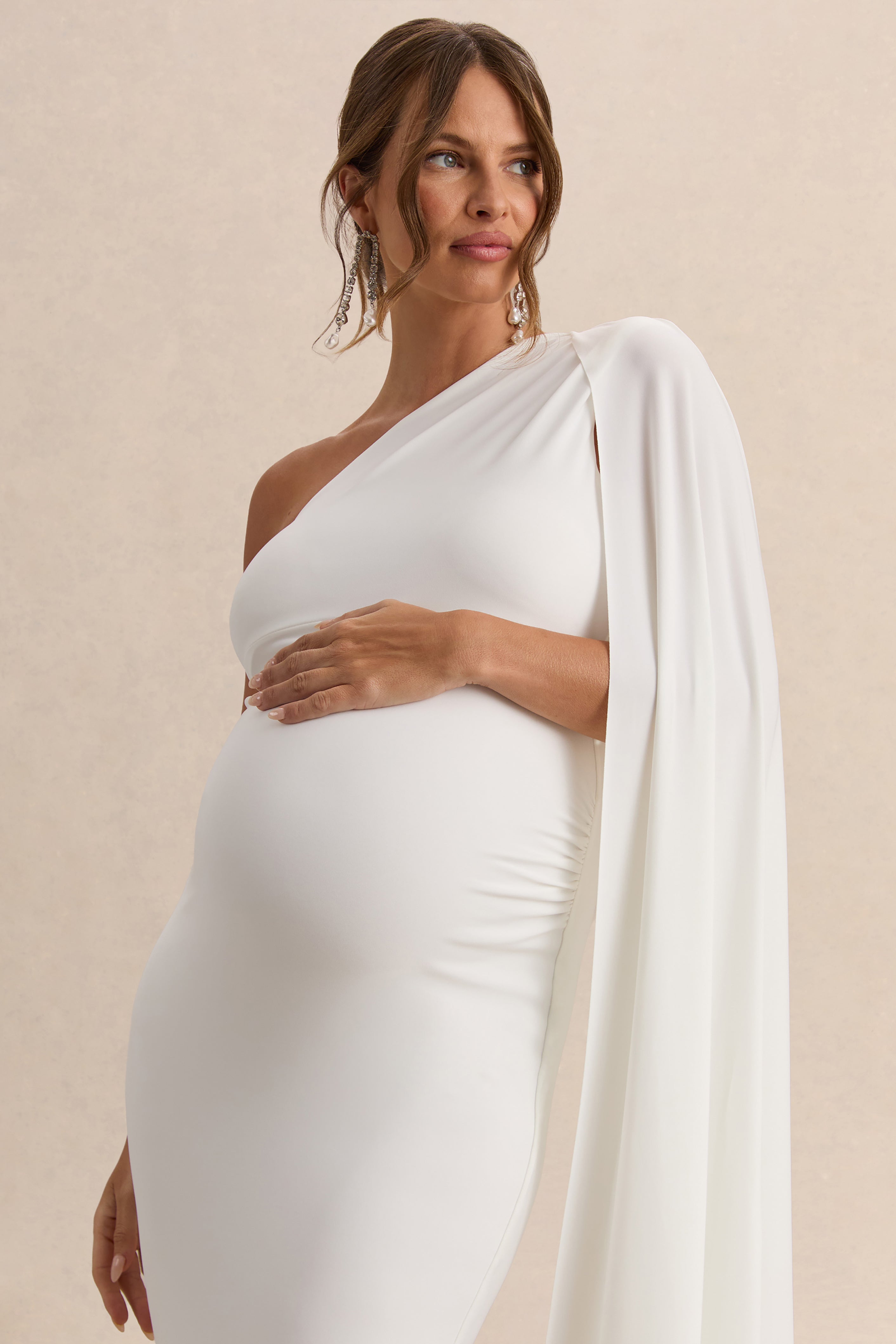 Amaryllis White Maternity One Shoulder Maxi Dress with Cape Sleeve – detail shot