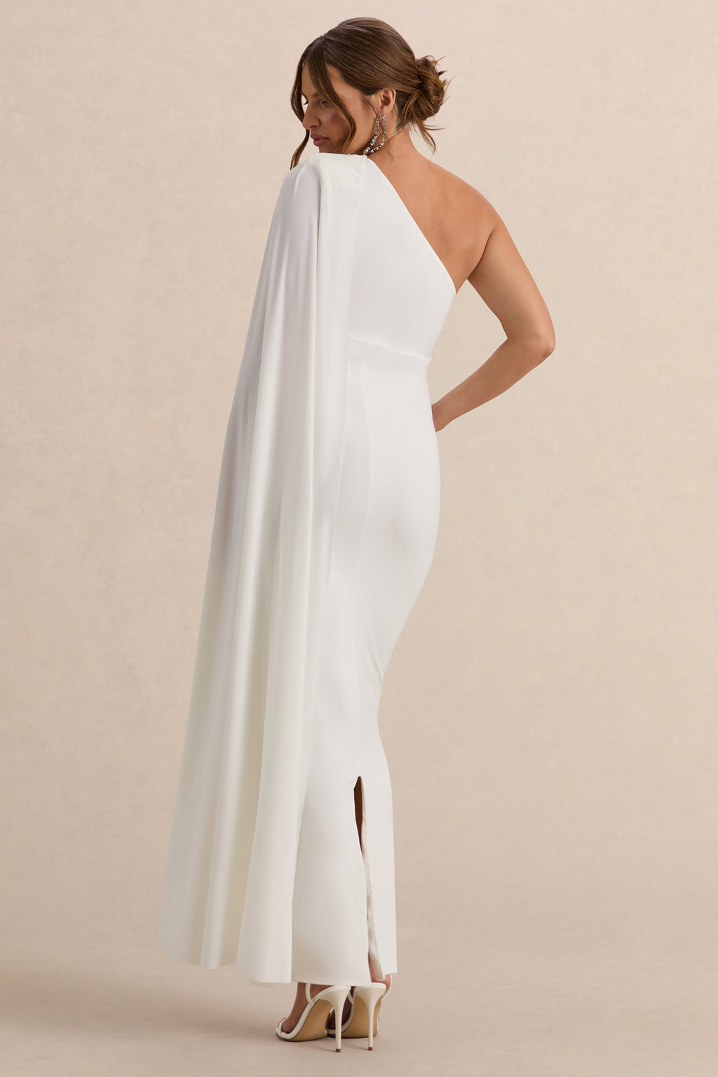 Amaryllis White Maternity One Shoulder Maxi Dress with Cape Sleeve – lifestyle photo
