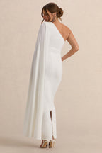 Amaryllis White Maternity One Shoulder Maxi Dress with Cape Sleeve – lifestyle photo
