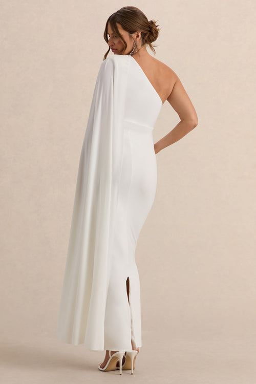 Amaryllis White Maternity One Shoulder Maxi Dress with Cape Sleeve – lifestyle photo