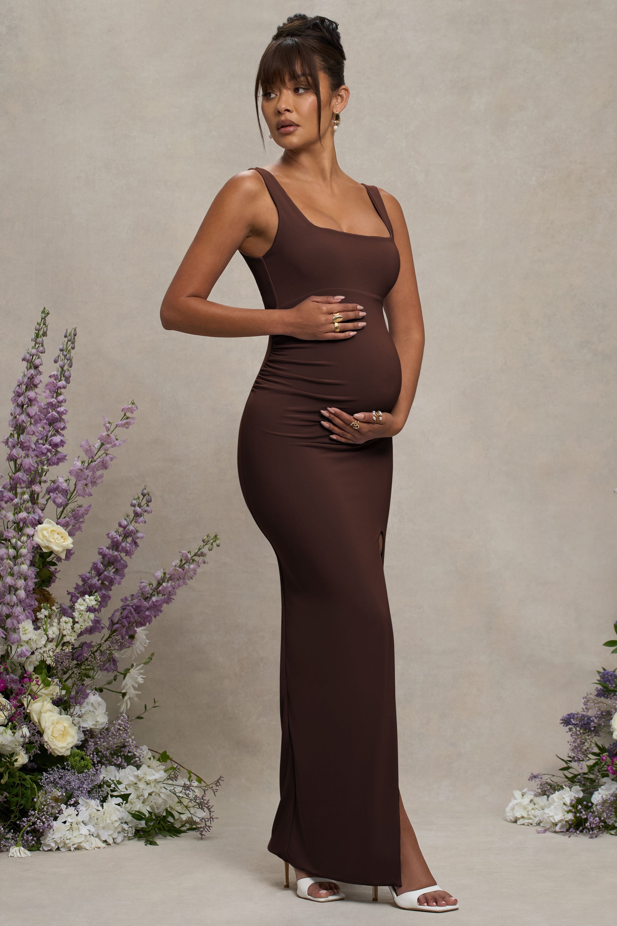 Avril Brown Square Neck Maternity Maxi Dress with Split – front view