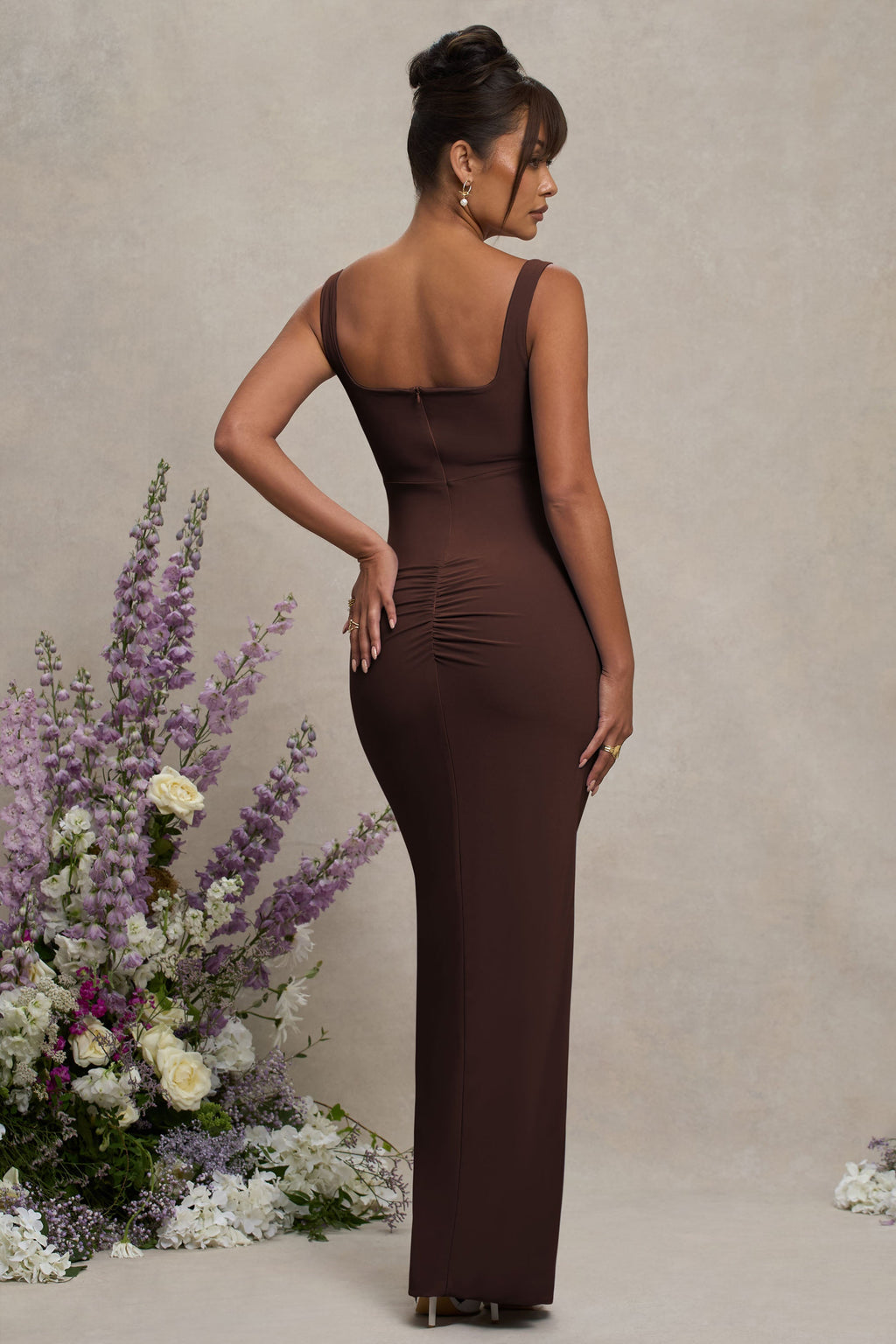 Avril Brown Square Neck Maternity Maxi Dress with Split – lifestyle photo
