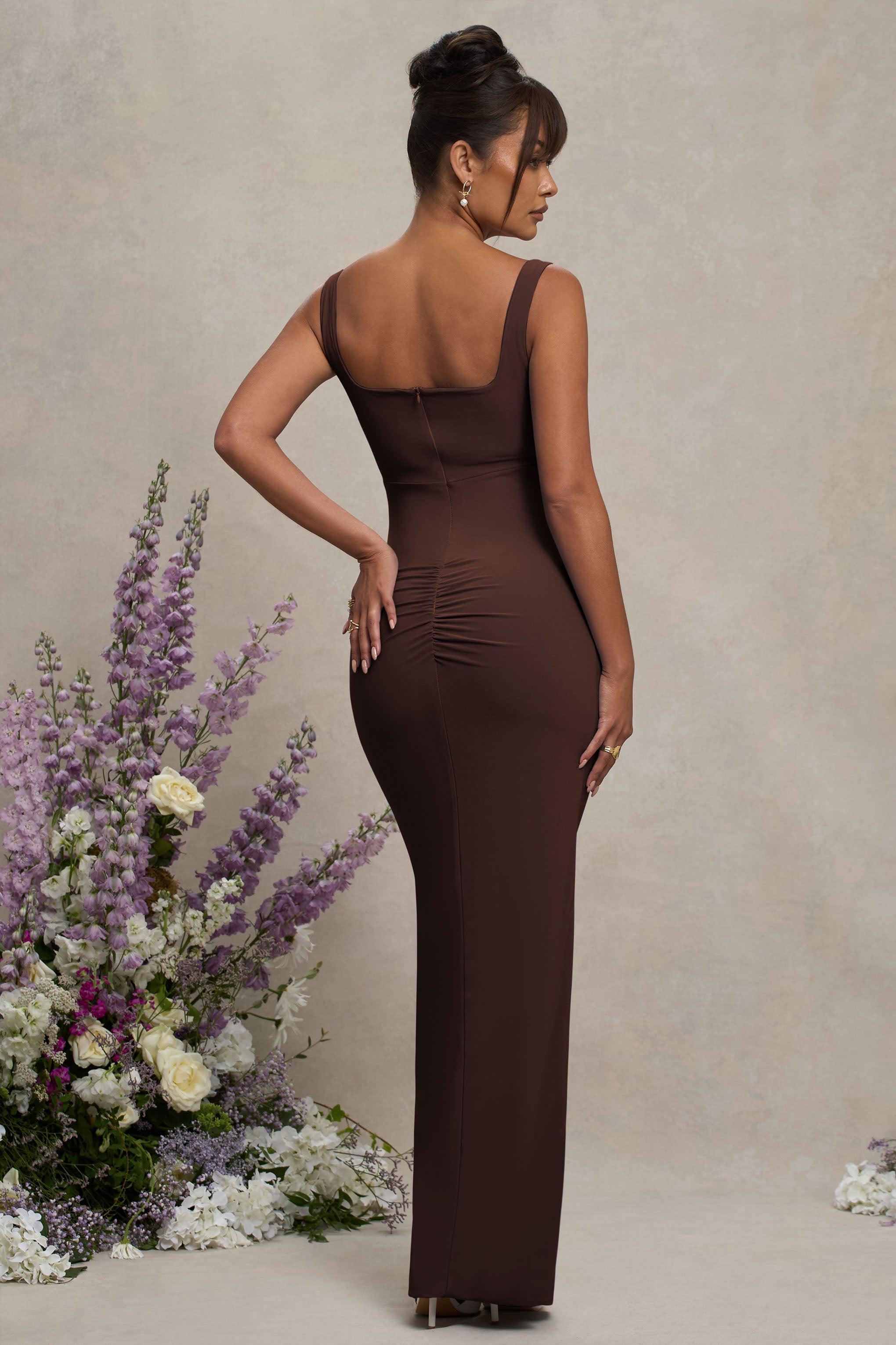 Avril Brown Square Neck Maternity Maxi Dress with Split – lifestyle photo