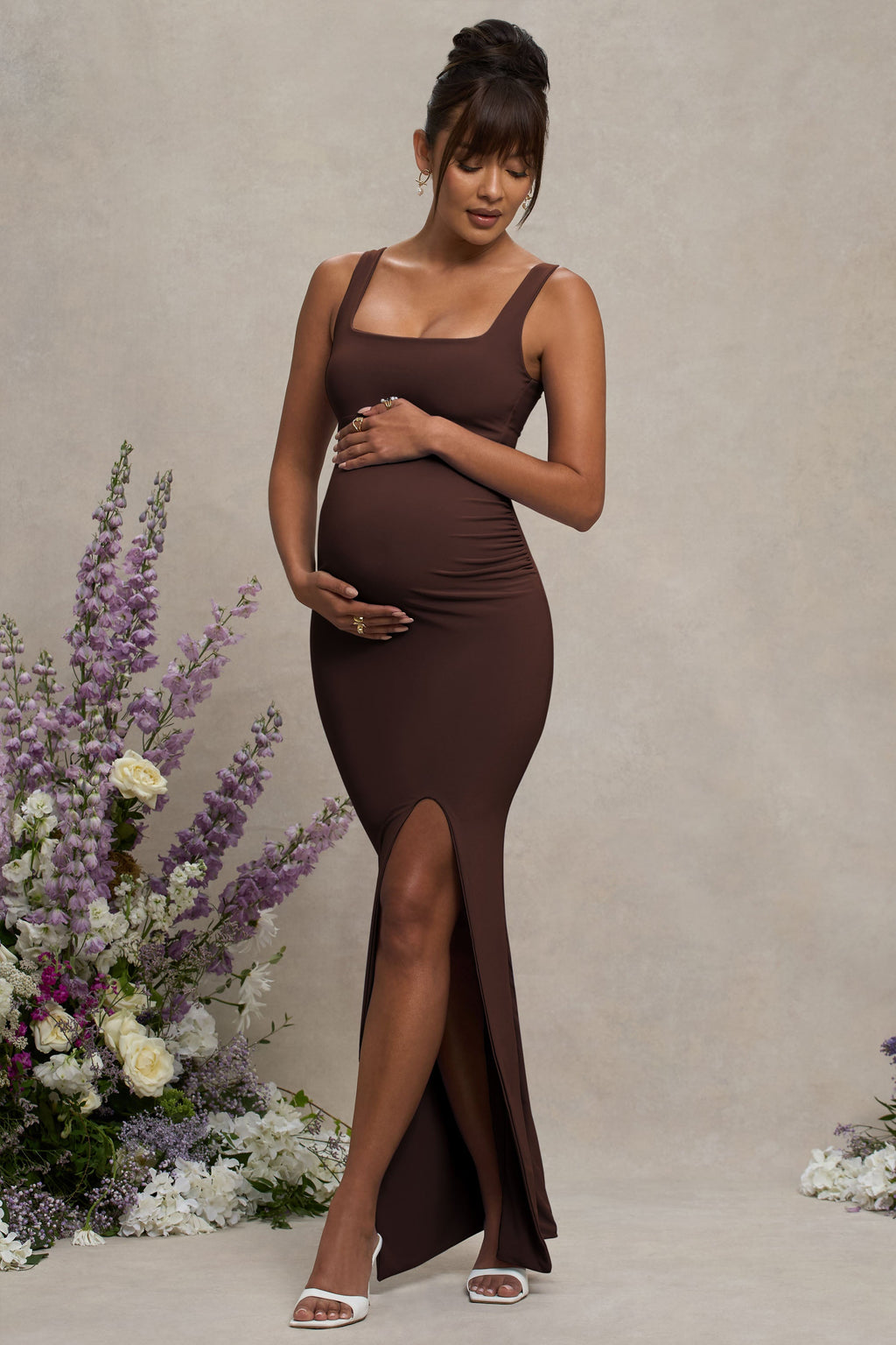 Avril Brown Square Neck Maternity Maxi Dress with Split – side view
