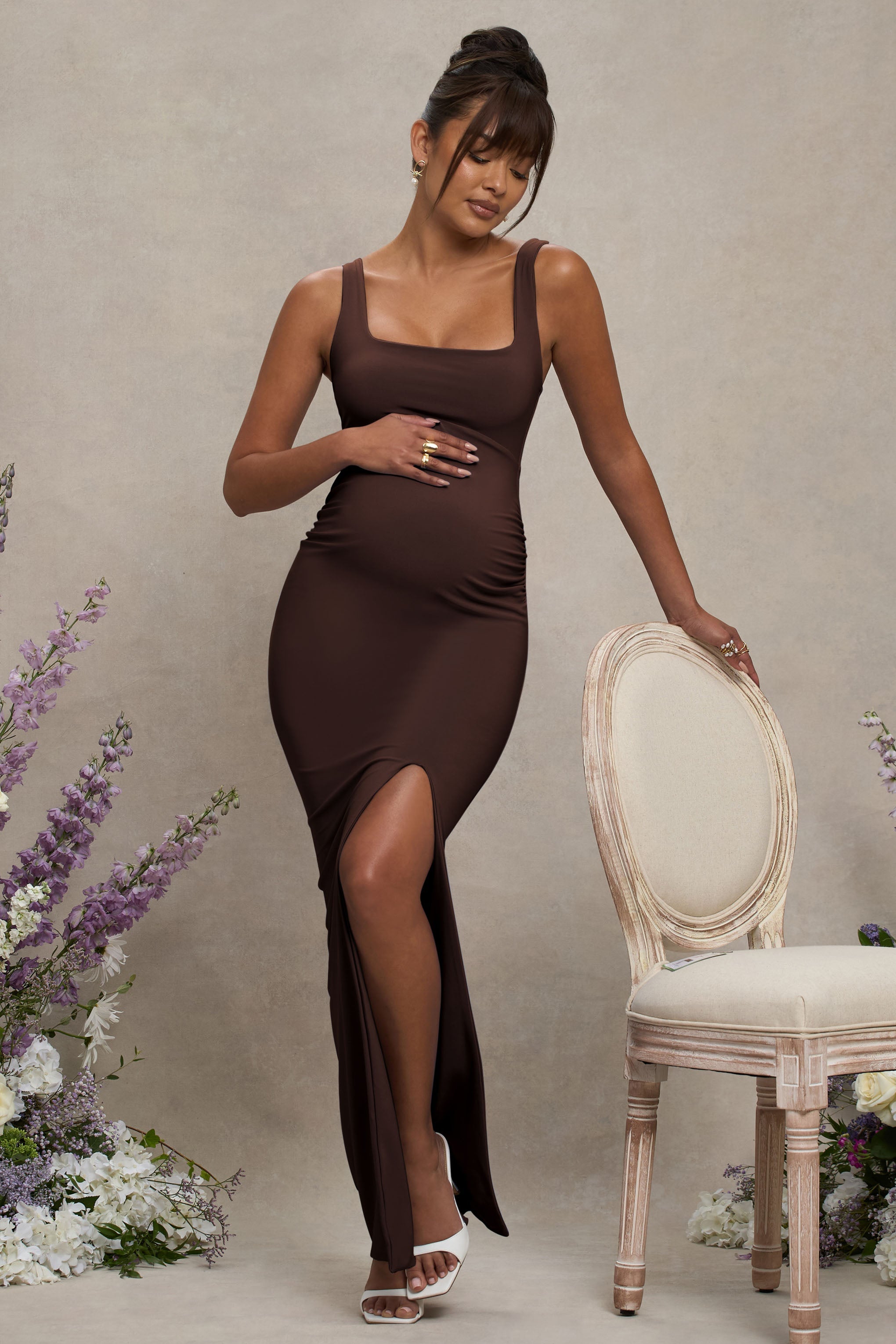 Avril Brown Square Neck Maternity Maxi Dress with Split – back view