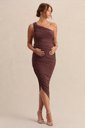 Late Night Brown Maternity Ruched One Shoulder Midi Dress – front view