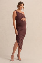 Late Night Brown Maternity Ruched One Shoulder Midi Dress – side view