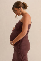 Late Night Brown Maternity Ruched One Shoulder Midi Dress – detail shot