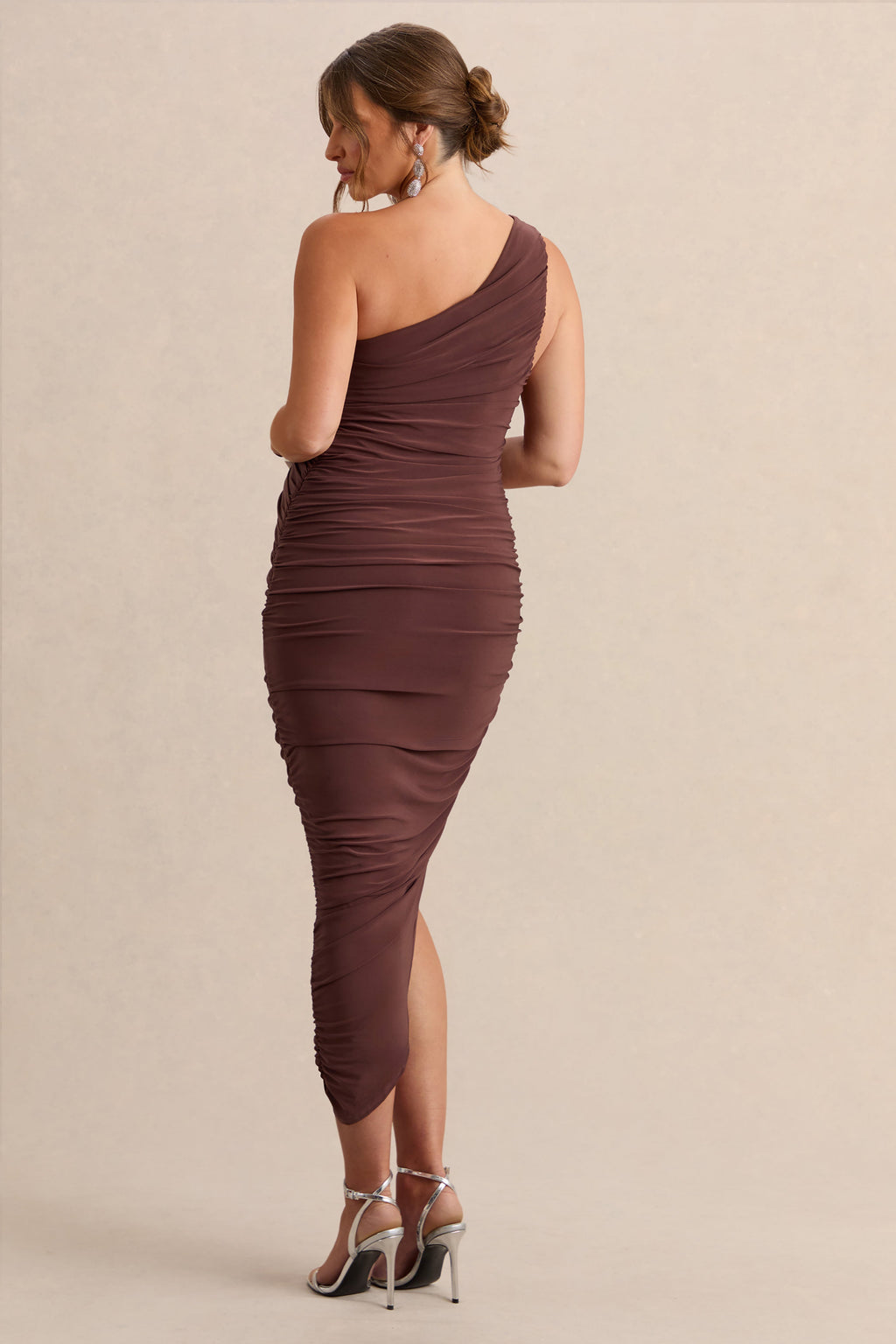 Late Night Brown Maternity Ruched One Shoulder Midi Dress – lifestyle photo