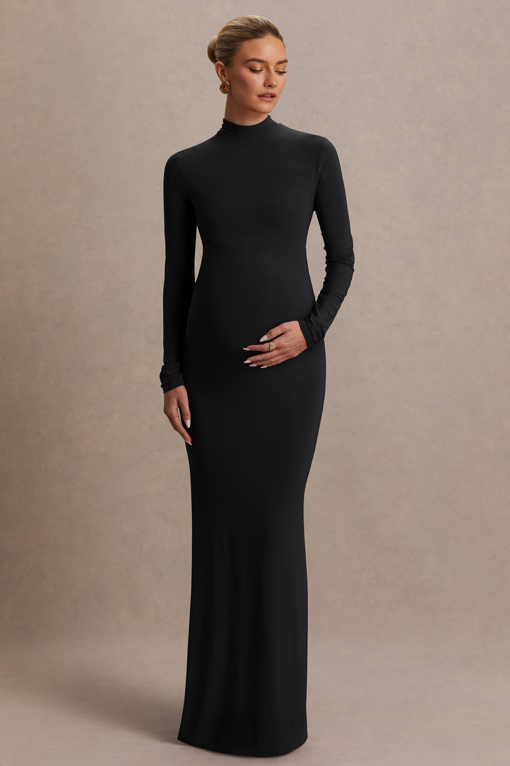 Alejandra Black Maternity Long Sleeve High Neck Maxi Dress – back view