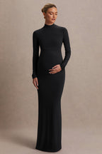 Alejandra Black Maternity Long Sleeve High Neck Maxi Dress – back view