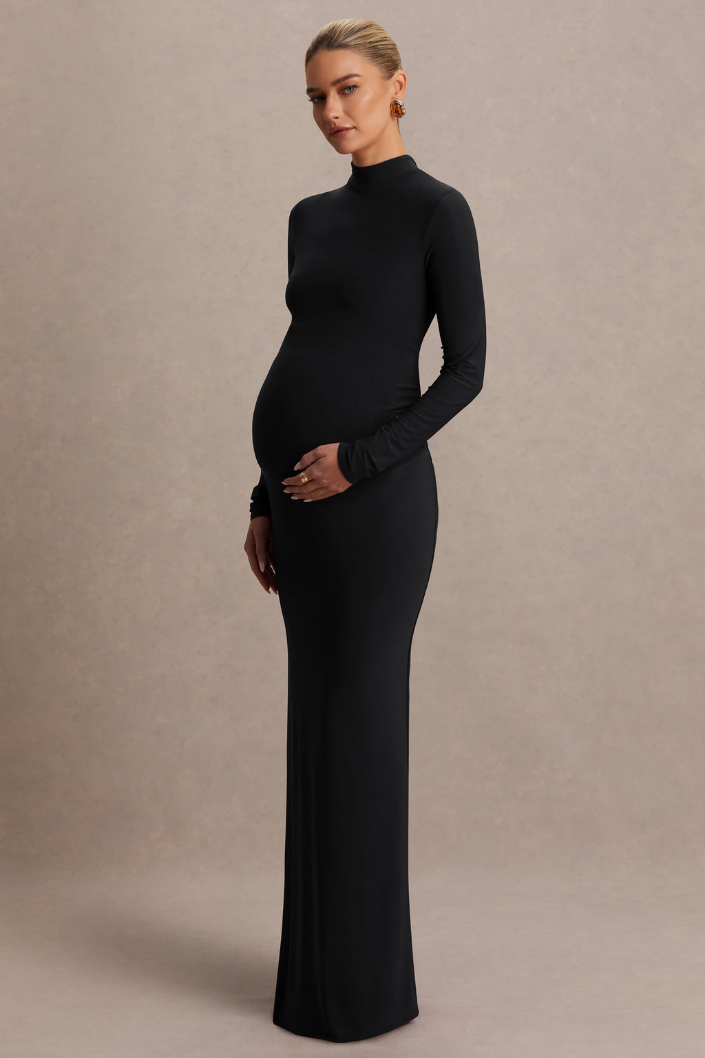Alejandra Black Maternity Long Sleeve High Neck Maxi Dress – side view