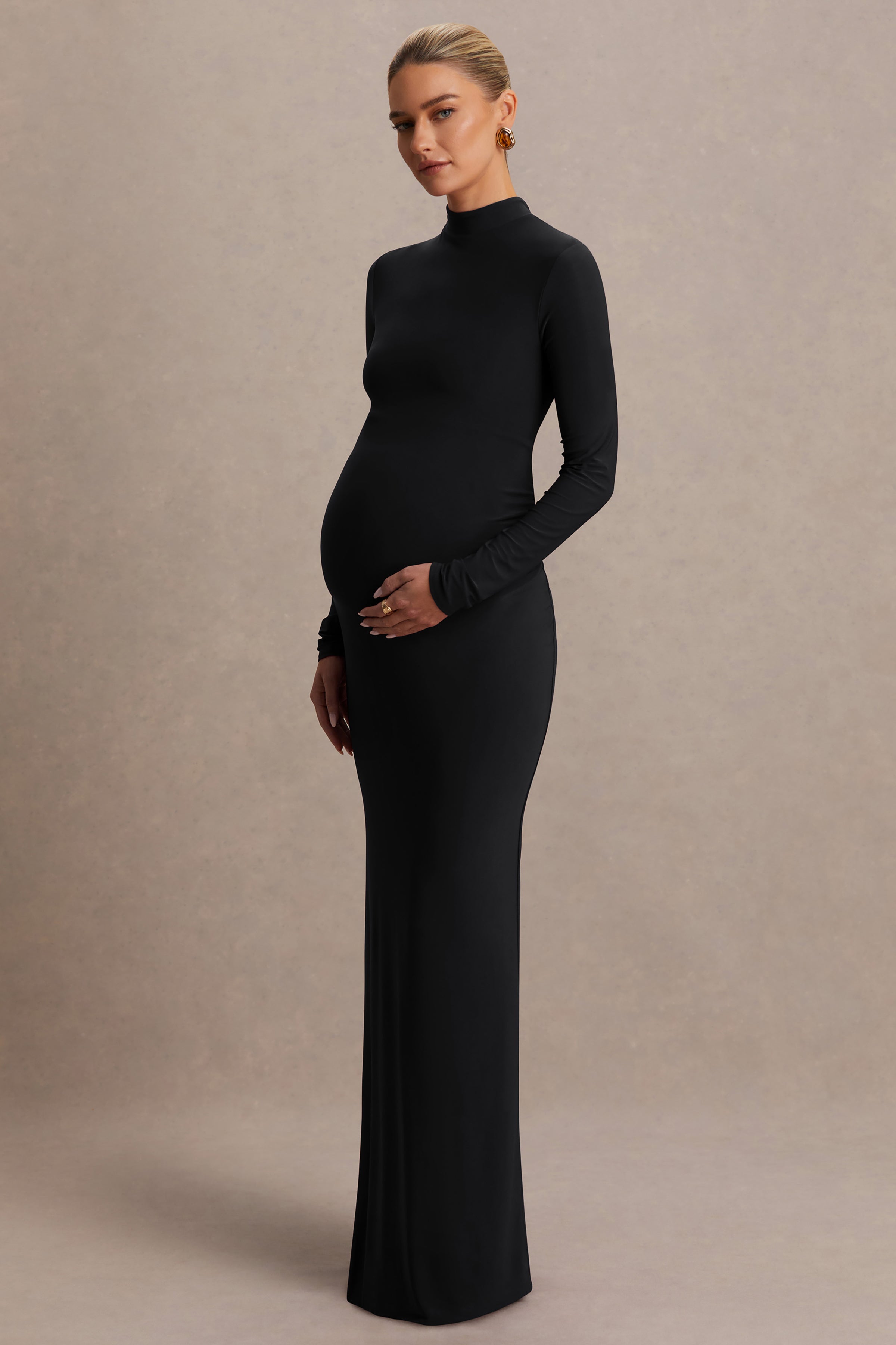 Alejandra Black Maternity Long Sleeve High Neck Maxi Dress – side view