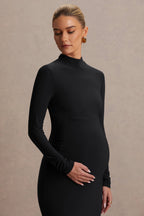 Alejandra Black Maternity Long Sleeve High Neck Maxi Dress – detail shot