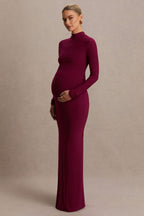 Alejandra Burgundy Maternity Long Sleeve High Neck Maxi Dress – front view