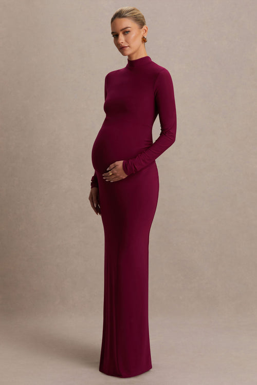 Alejandra Burgundy Maternity Long Sleeve High Neck Maxi Dress – front view