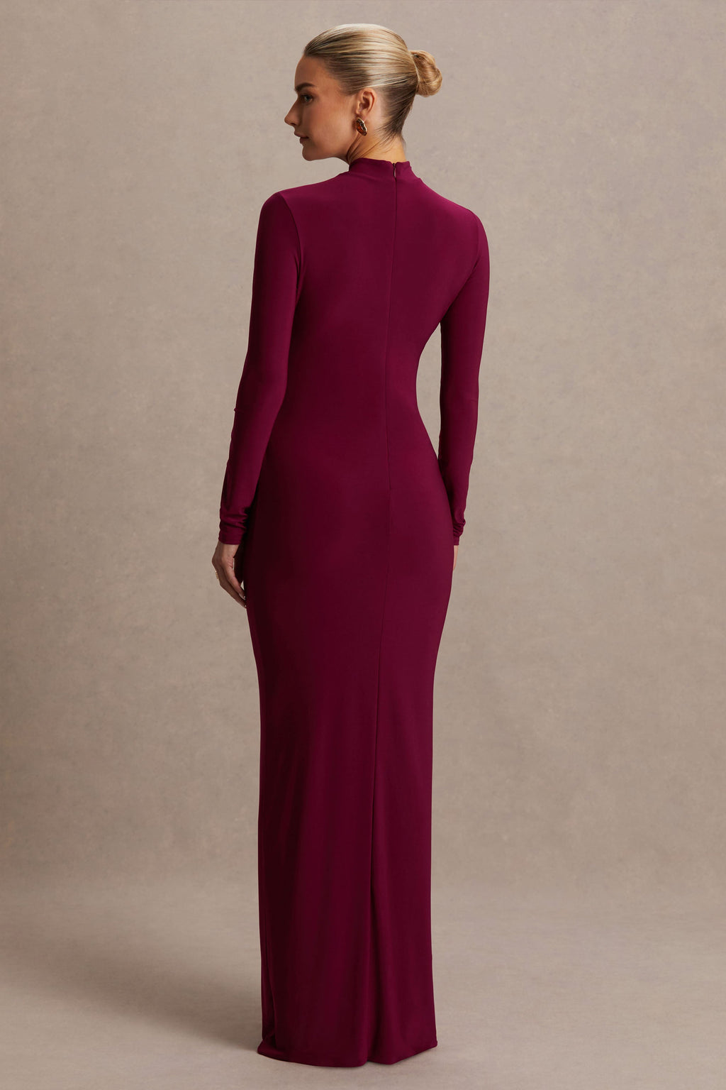Alejandra Burgundy Maternity Long Sleeve High Neck Maxi Dress – lifestyle photo