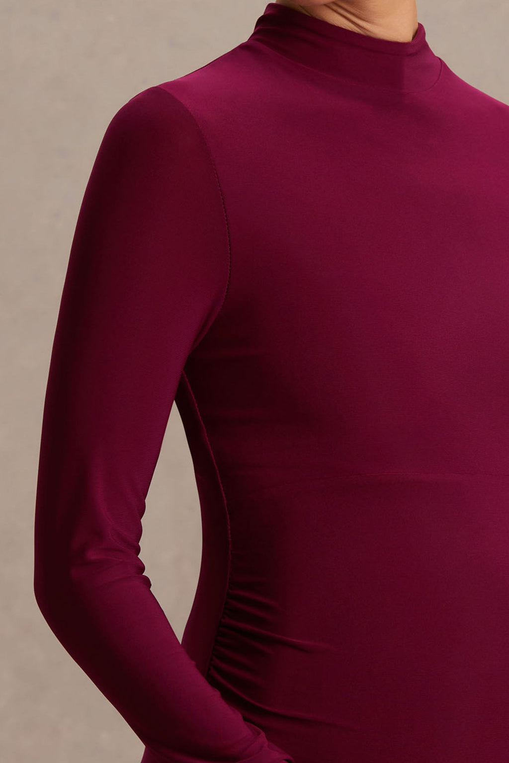Alejandra Burgundy Maternity Long Sleeve High Neck Maxi Dress – detail shot