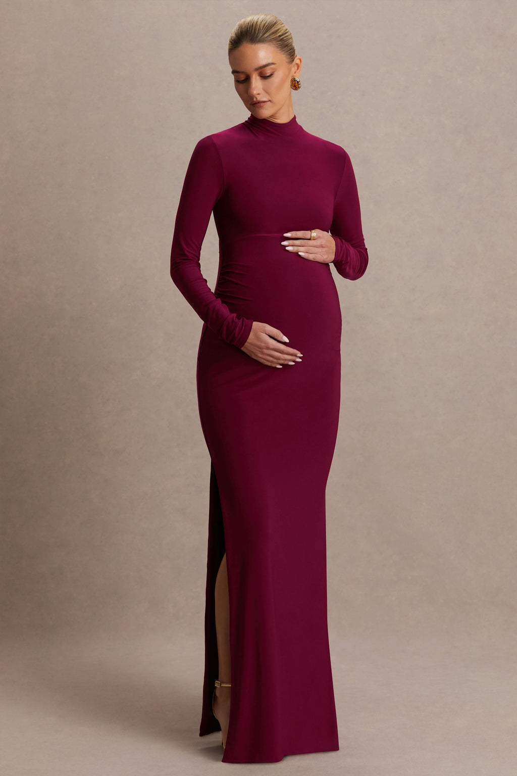Alejandra Burgundy Maternity Long Sleeve High Neck Maxi Dress – side view