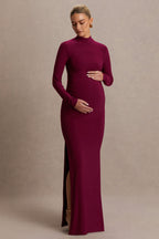 Alejandra Burgundy Maternity Long Sleeve High Neck Maxi Dress – side view