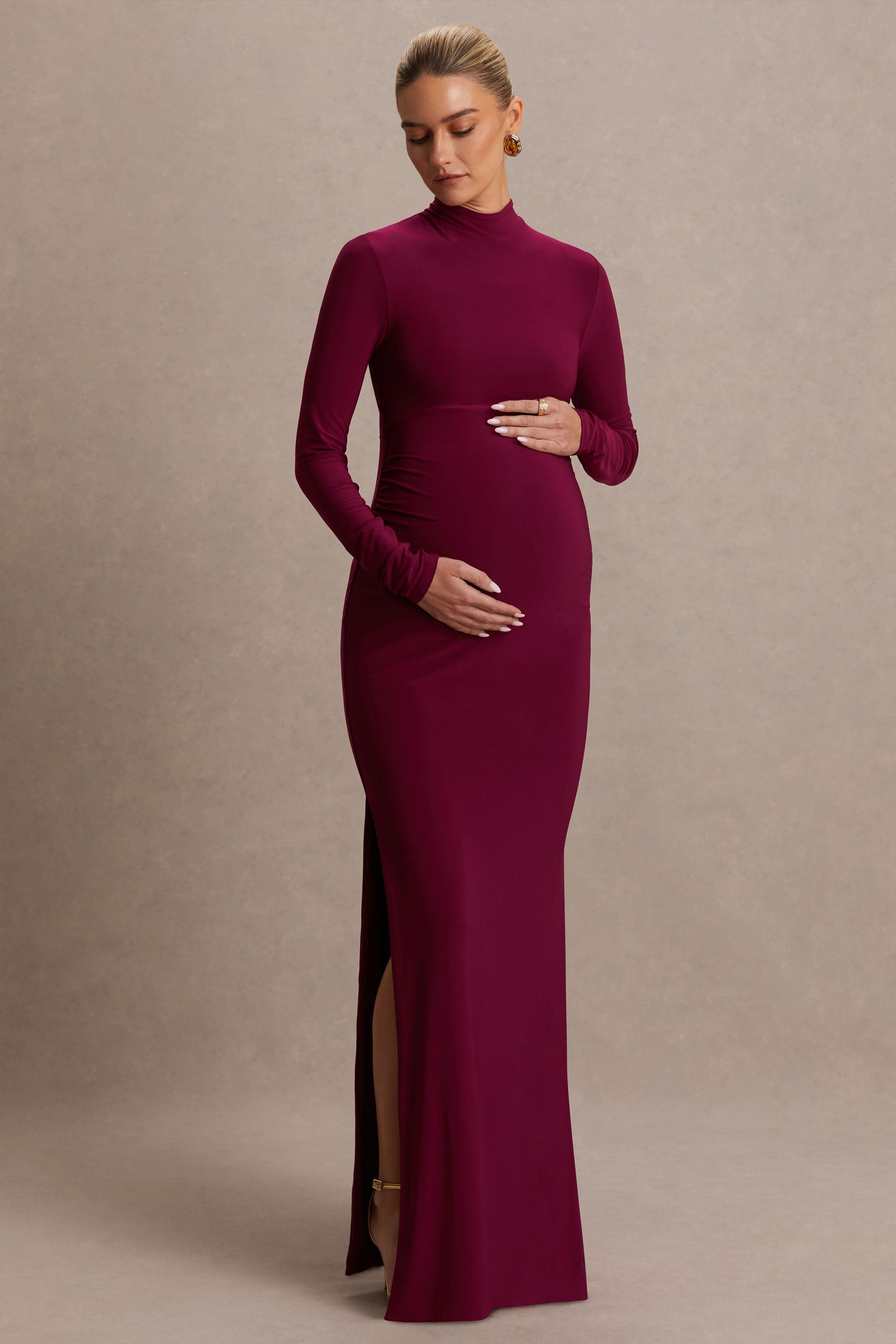 Alejandra Burgundy Maternity Long Sleeve High Neck Maxi Dress – side view