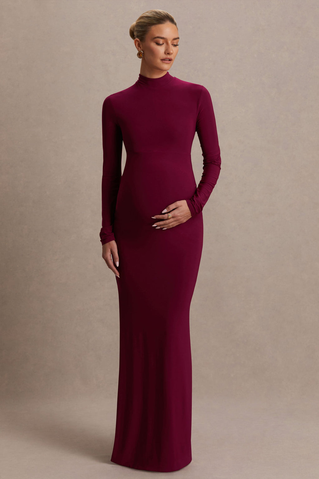 Alejandra Burgundy Maternity Long Sleeve High Neck Maxi Dress – back view