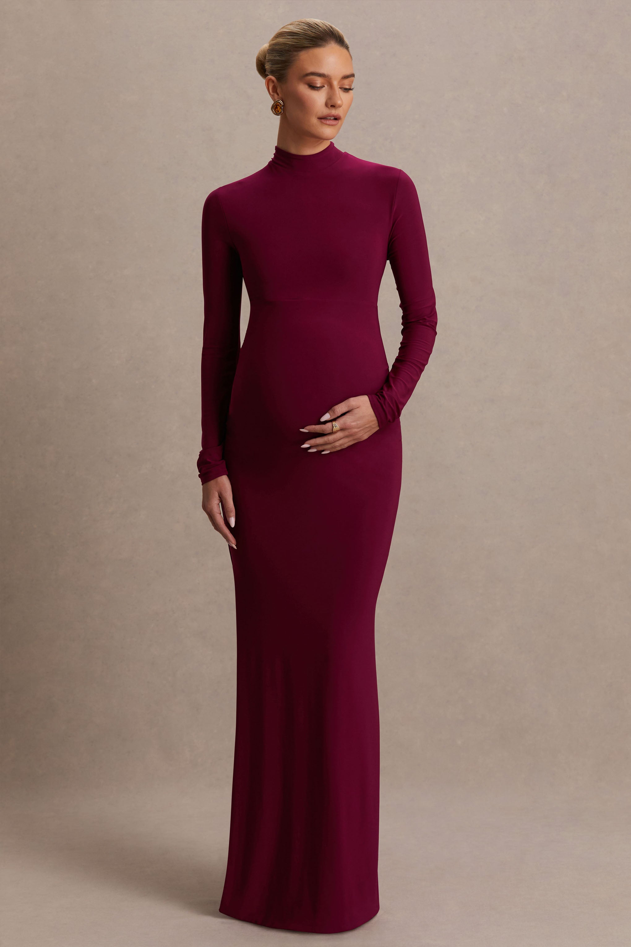 Alejandra Burgundy Maternity Long Sleeve High Neck Maxi Dress – back view