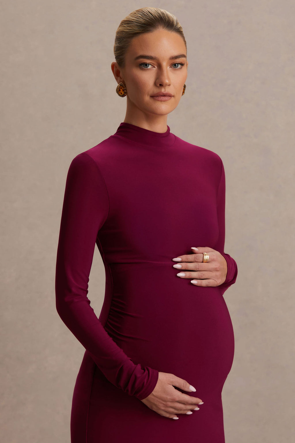 Alejandra Burgundy Maternity Long Sleeve High Neck Maxi Dress – second lifestyle photo