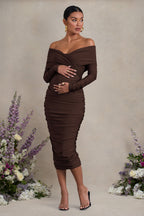 Davina Brown Ruched Twist Bardot Maternity Midi Dress – front view