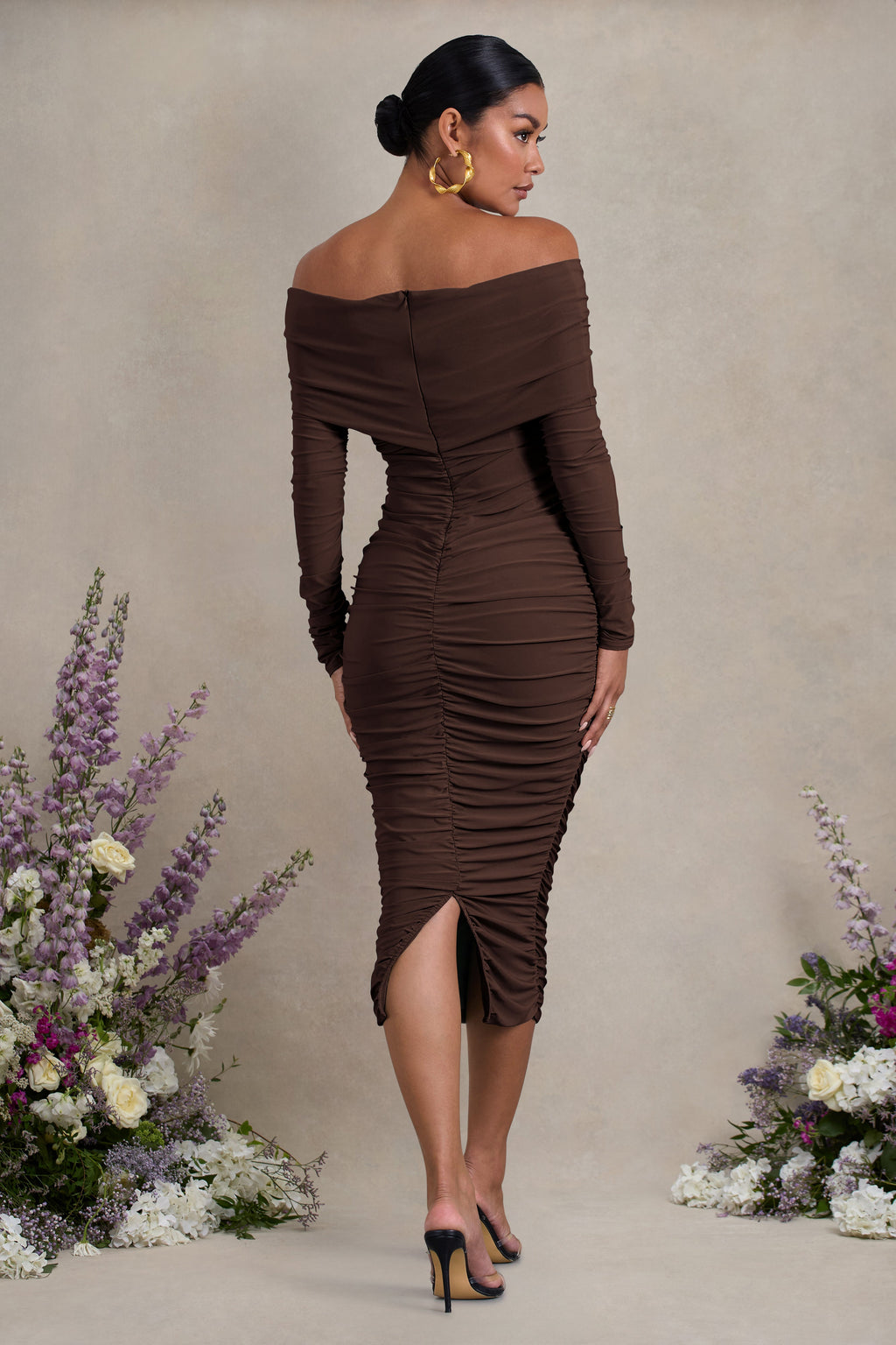 Davina Brown Ruched Twist Bardot Maternity Midi Dress – lifestyle photo