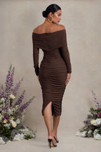 Davina Brown Ruched Twist Bardot Maternity Midi Dress – lifestyle photo