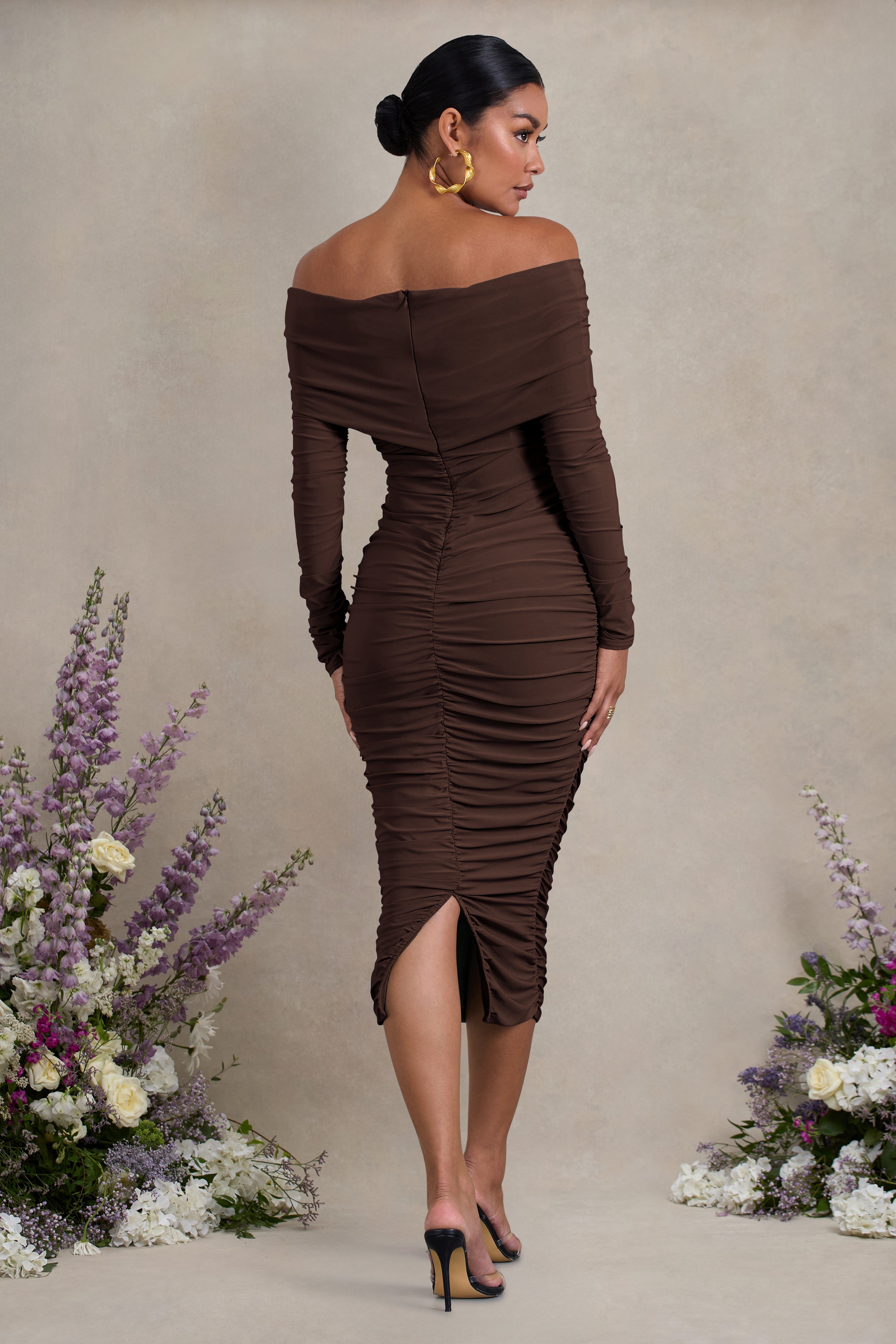 Davina Brown Ruched Twist Bardot Maternity Midi Dress – lifestyle photo